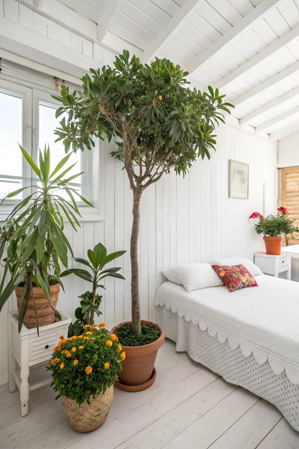 Indoor plants add freshness and color to a white bedroom.