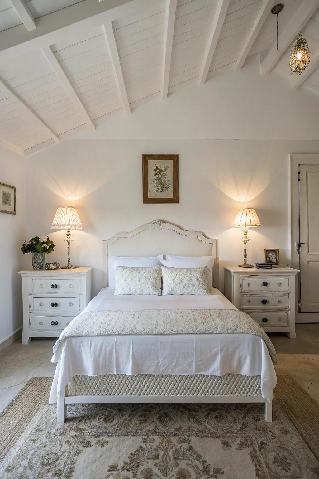 Symmetry fosters balance and harmony in a white bedroom.