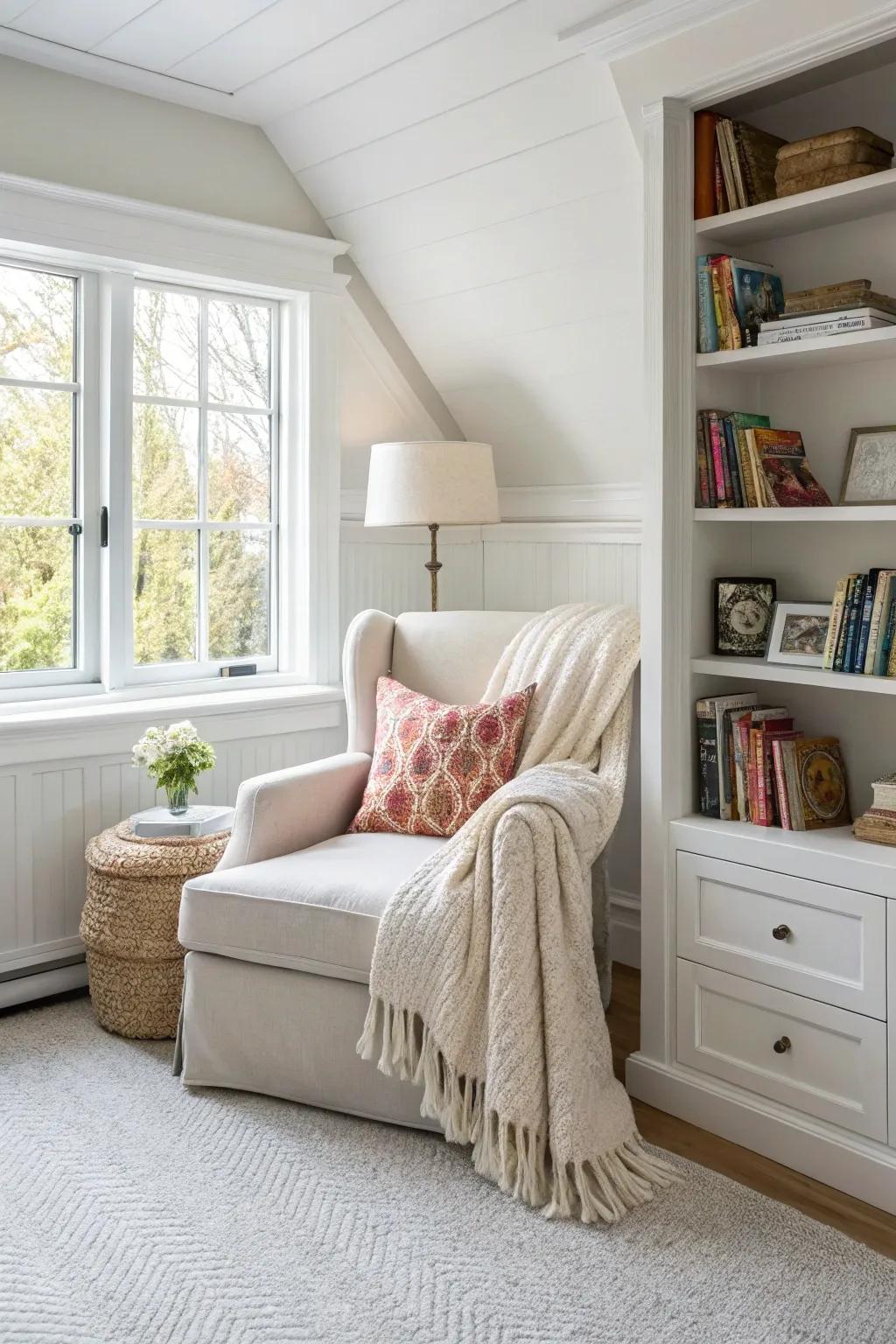 A cozy nook offers a personal retreat in a white bedroom.