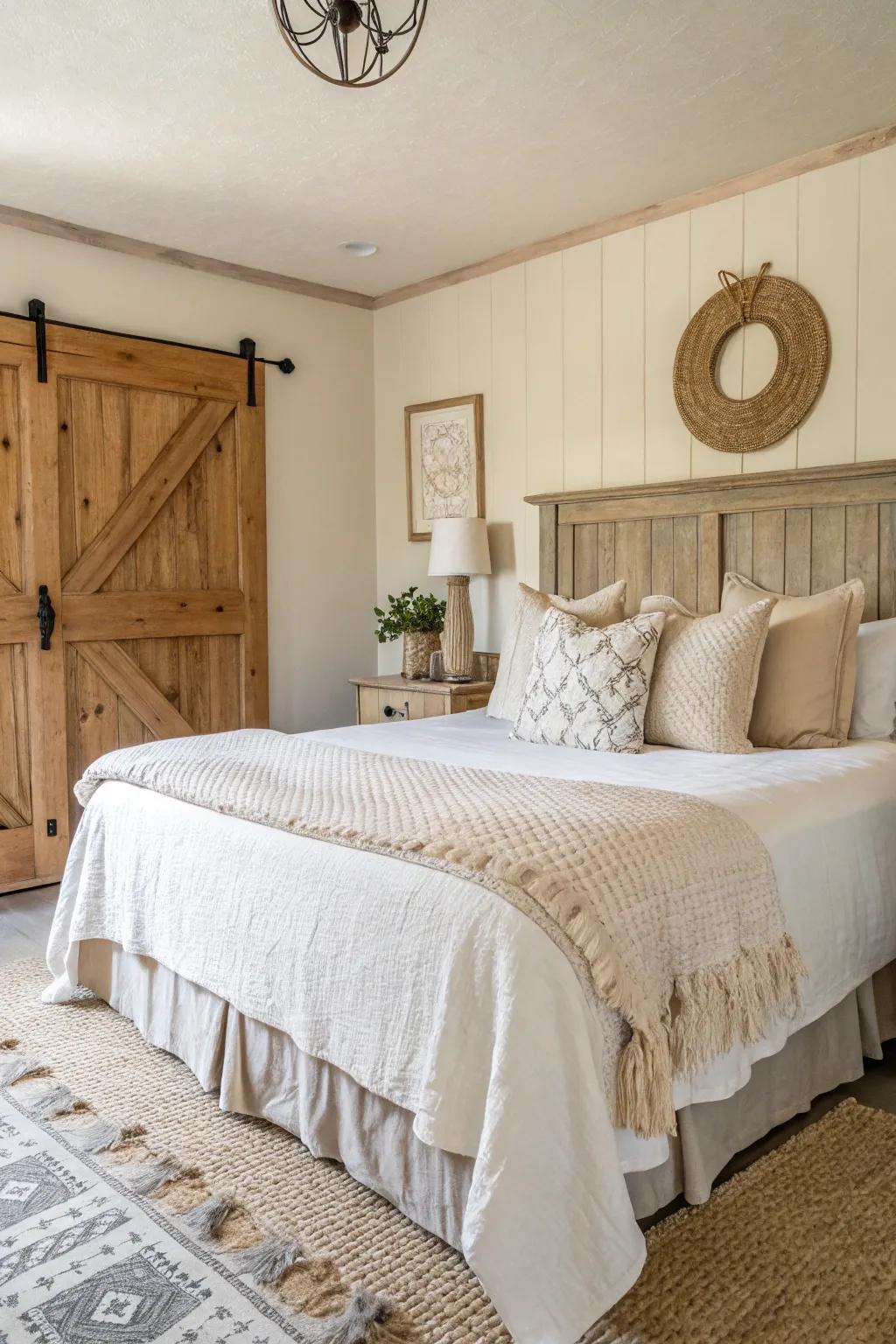 Neutral tones create a peaceful farmhouse bedroom.