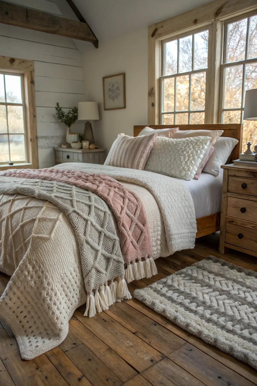 Textured bedding enhances coziness.