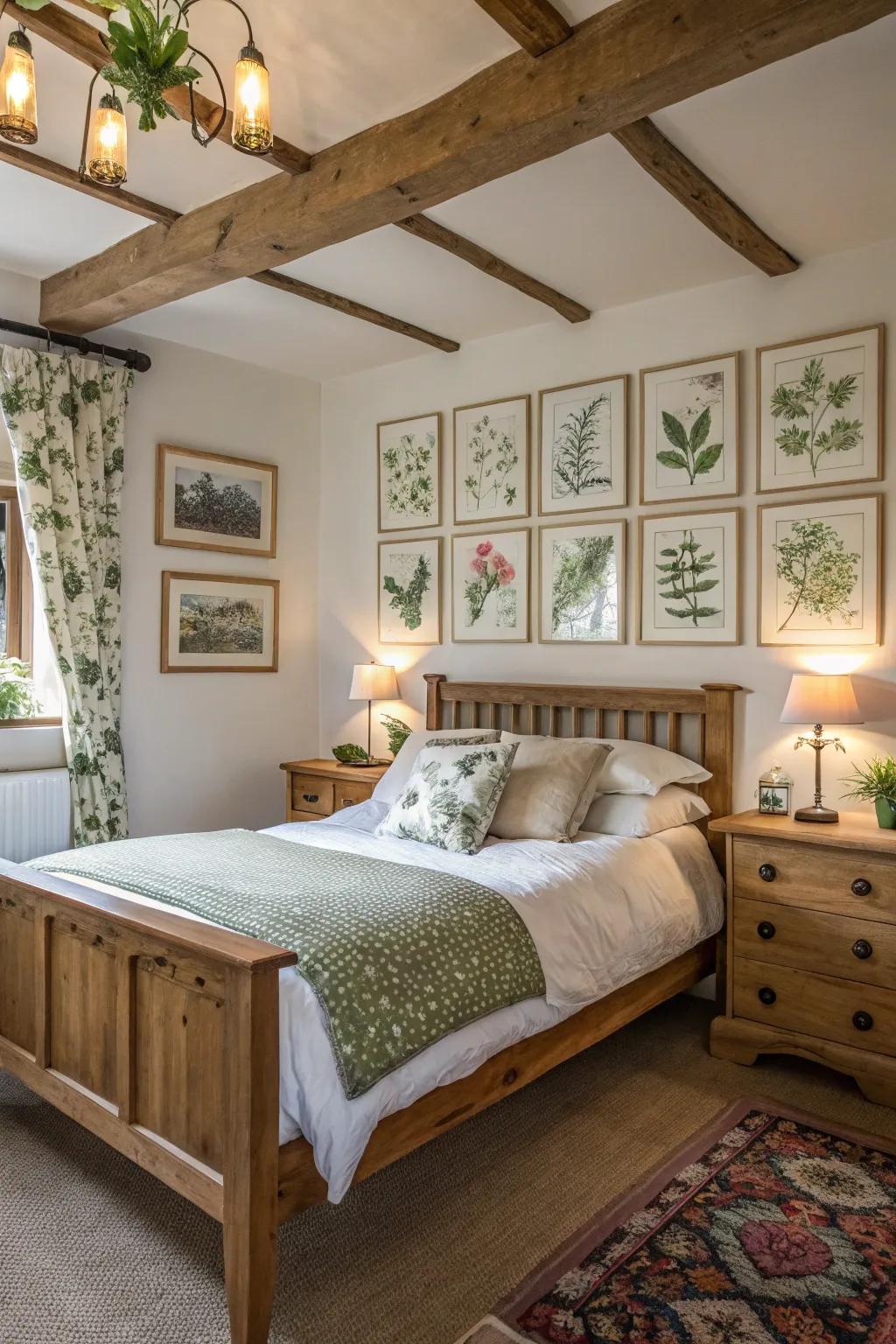 Botanical prints add natural beauty.