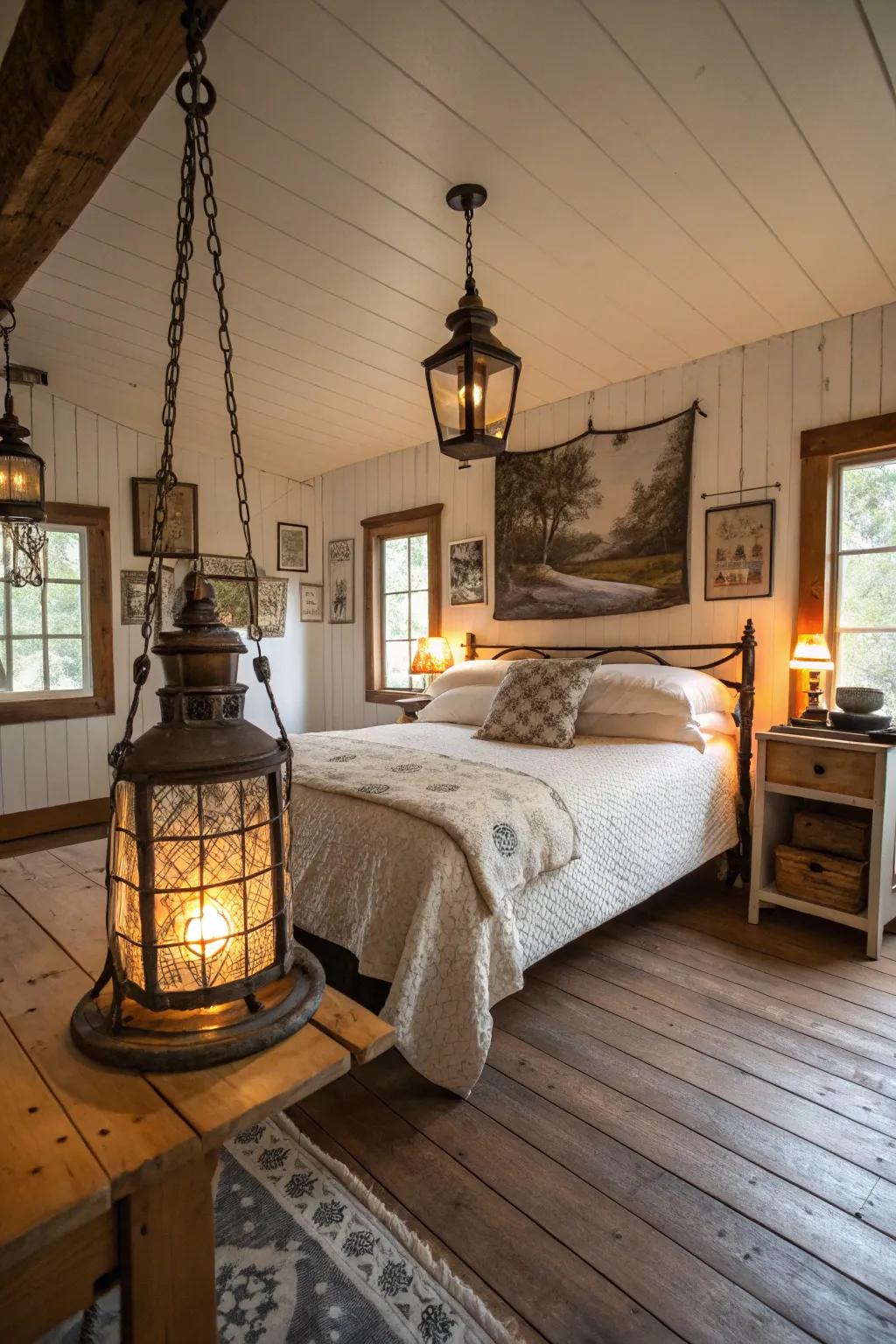Rustic lanterns create a warm glow.