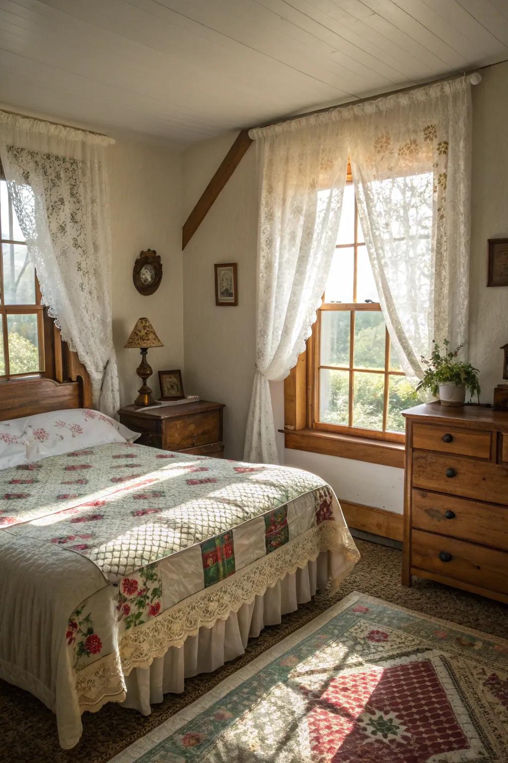 Lace curtains add delicate vintage charm.