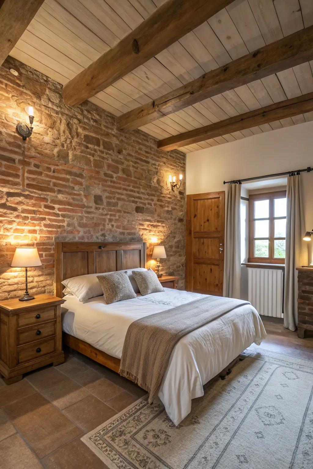 Brick accent wall adds rustic texture.