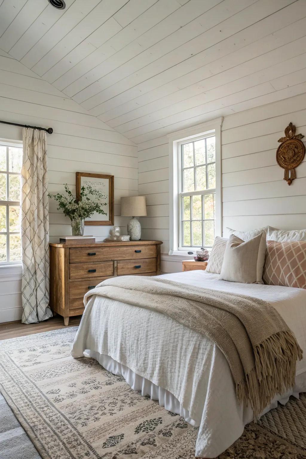 Shiplap walls add timeless rustic texture.