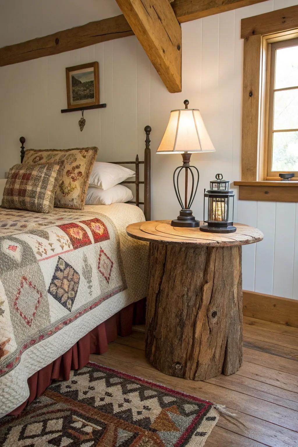 Live-edge wood tables add natural character.