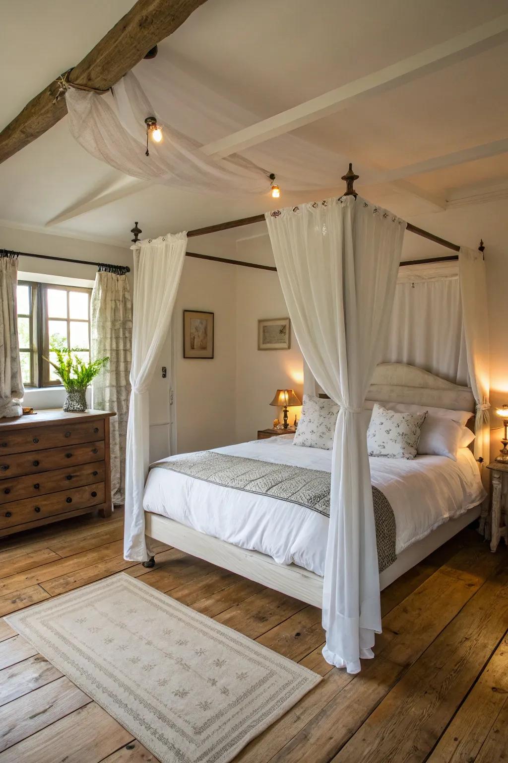 Canopy bed adds intimacy and style.