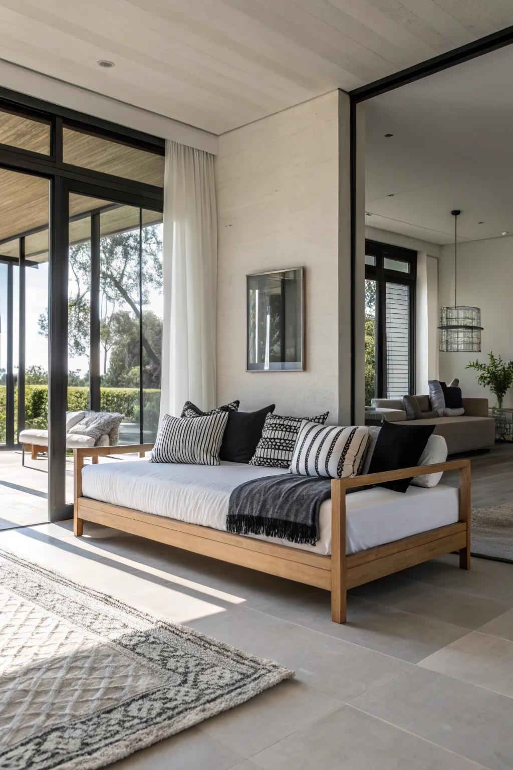 A minimalist daybed featuring monochrome bedding for a sleek, modern look.