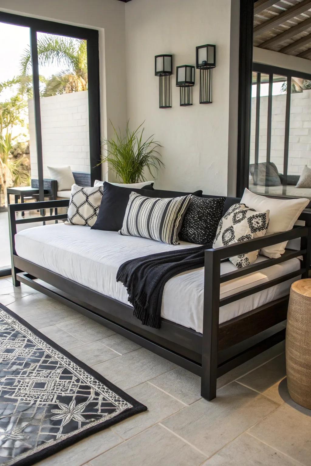 Monochrome bedding creates a chic and cohesive look for a daybed.