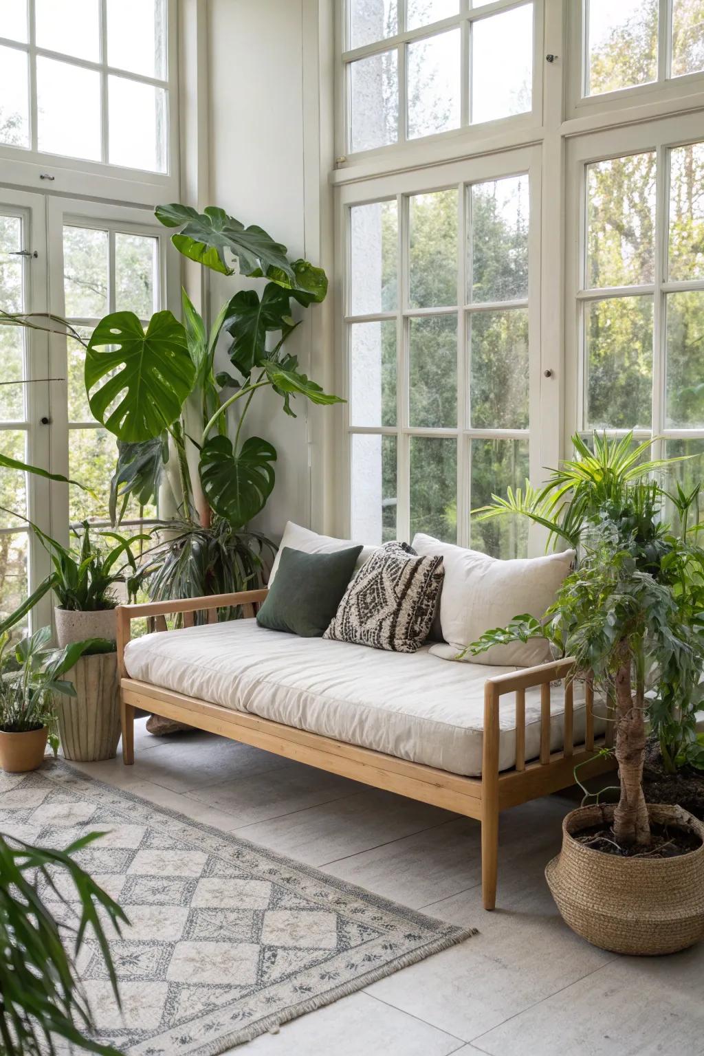 Indoor plants near a daybed introduce natural elements and liveliness.