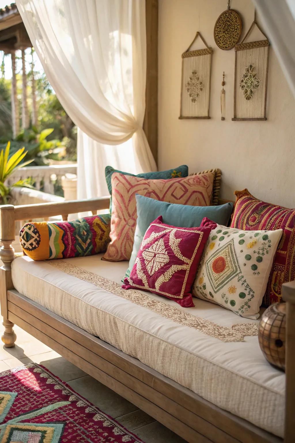 An array of decorative pillows adds charm and comfort to a daybed.