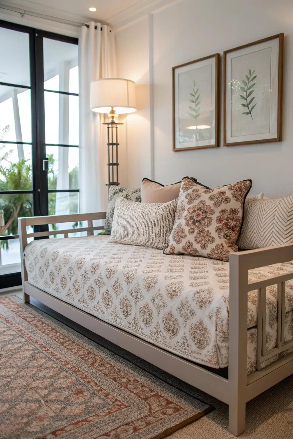Subtle patterns on bedding add sophistication to a modern daybed.