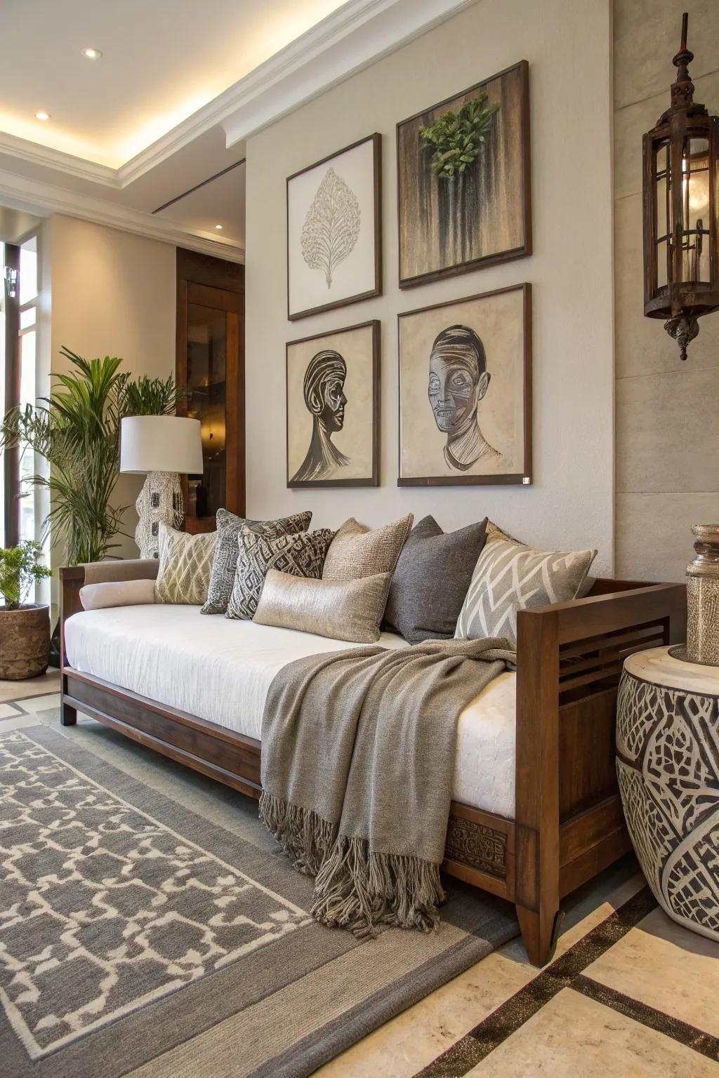 Modern art pieces provide a striking backdrop for a contemporary daybed.