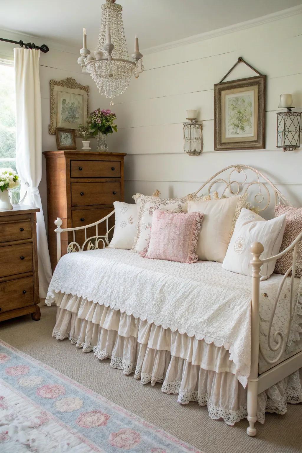 Ruffled bedding infuses a daybed with vintage charm and elegance.