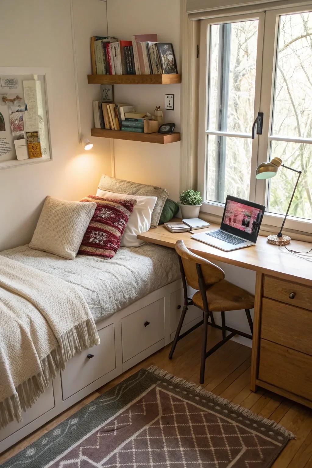 A desk near a corner bed maximizes functionality.