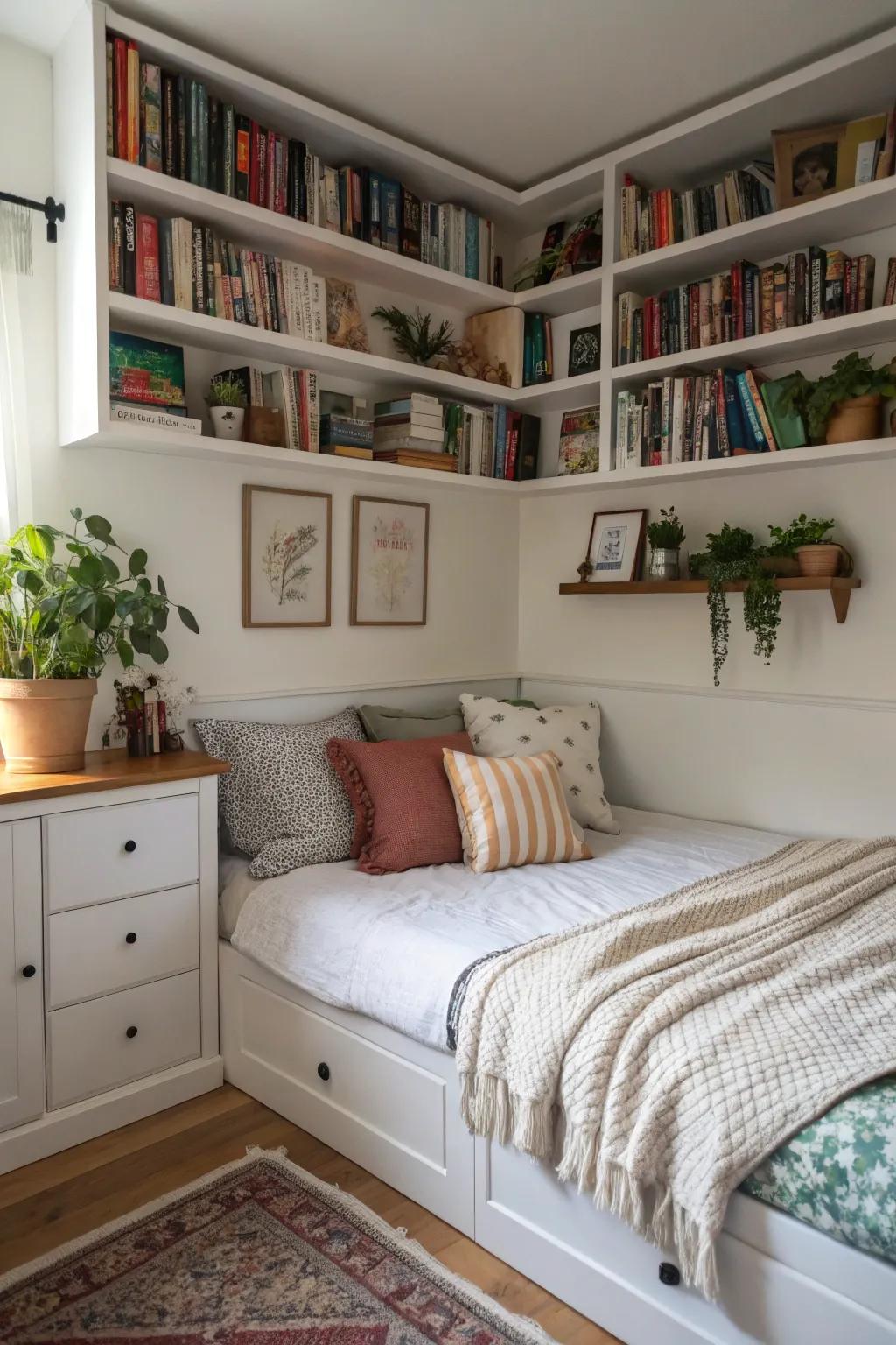 Built-in shelves add storage and style above a corner bed.