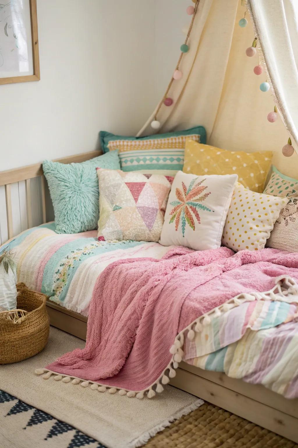 Transform your corner bed into a cozy retreat with cushions and throws.