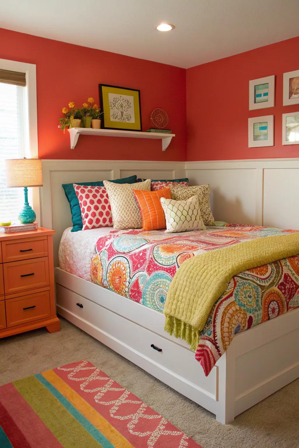 A pop of color enlivens a corner bed setting.