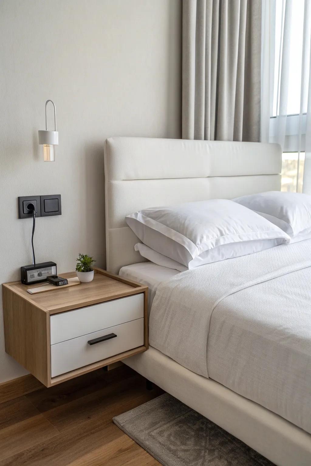 Floating nightstands offer modern style and practicality.