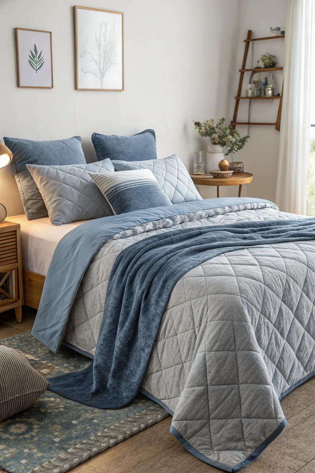 Layering grey and blue bedding adds depth and texture to your bedroom.
