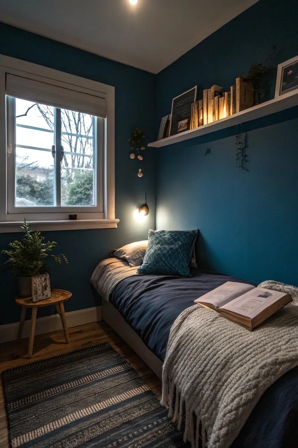 Deep blues can add a calming, cocoon-like effect to small bedrooms.