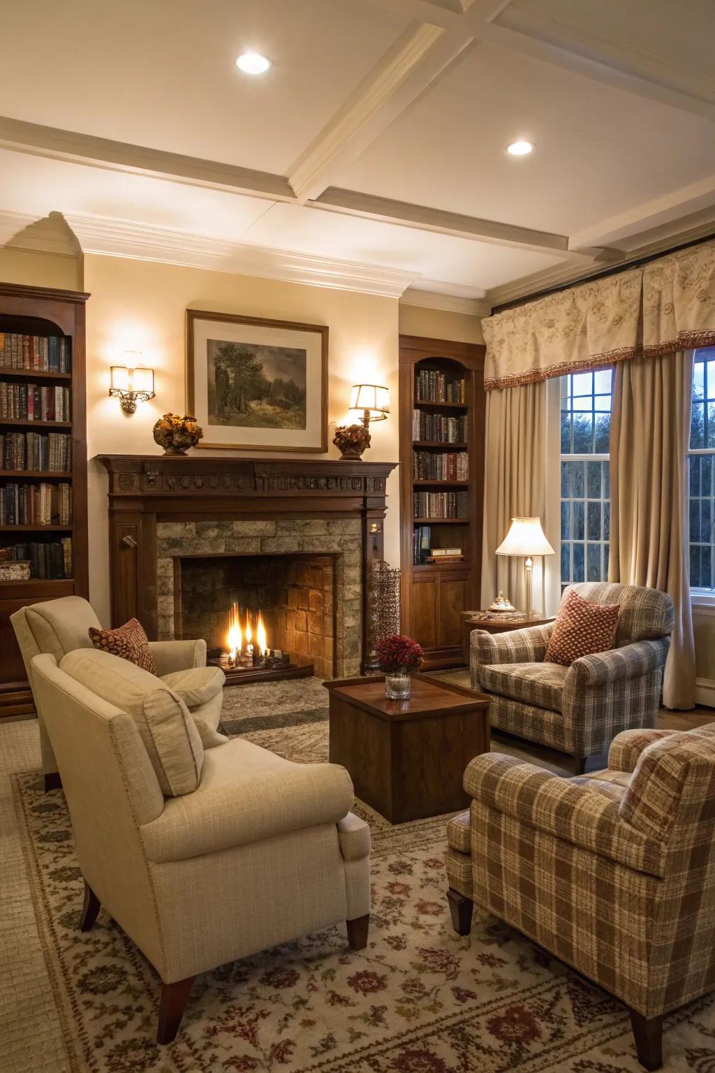 A fireplace area fosters warmth and intimate conversations.