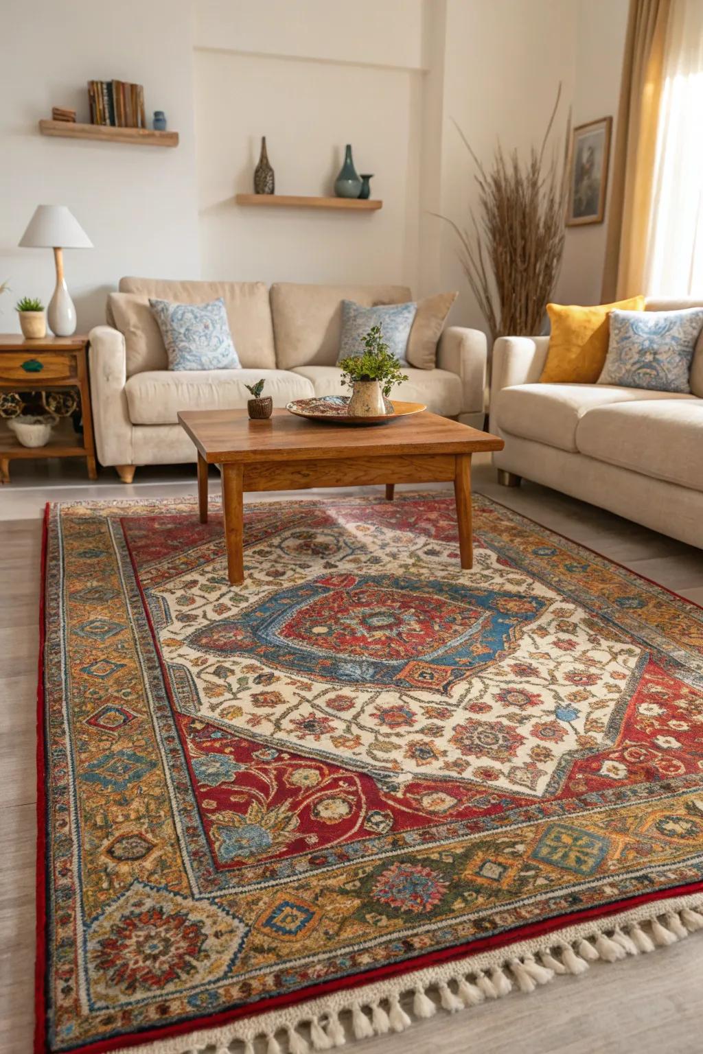 A vibrant rug adds warmth and personality to neutral rooms.