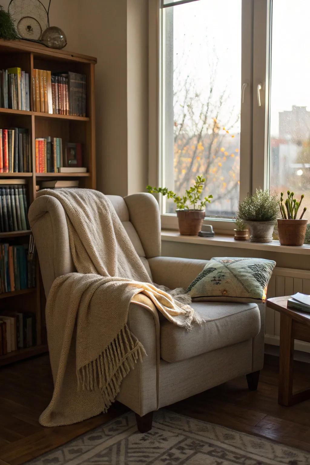 A cozy reading nook offers a peaceful retreat.