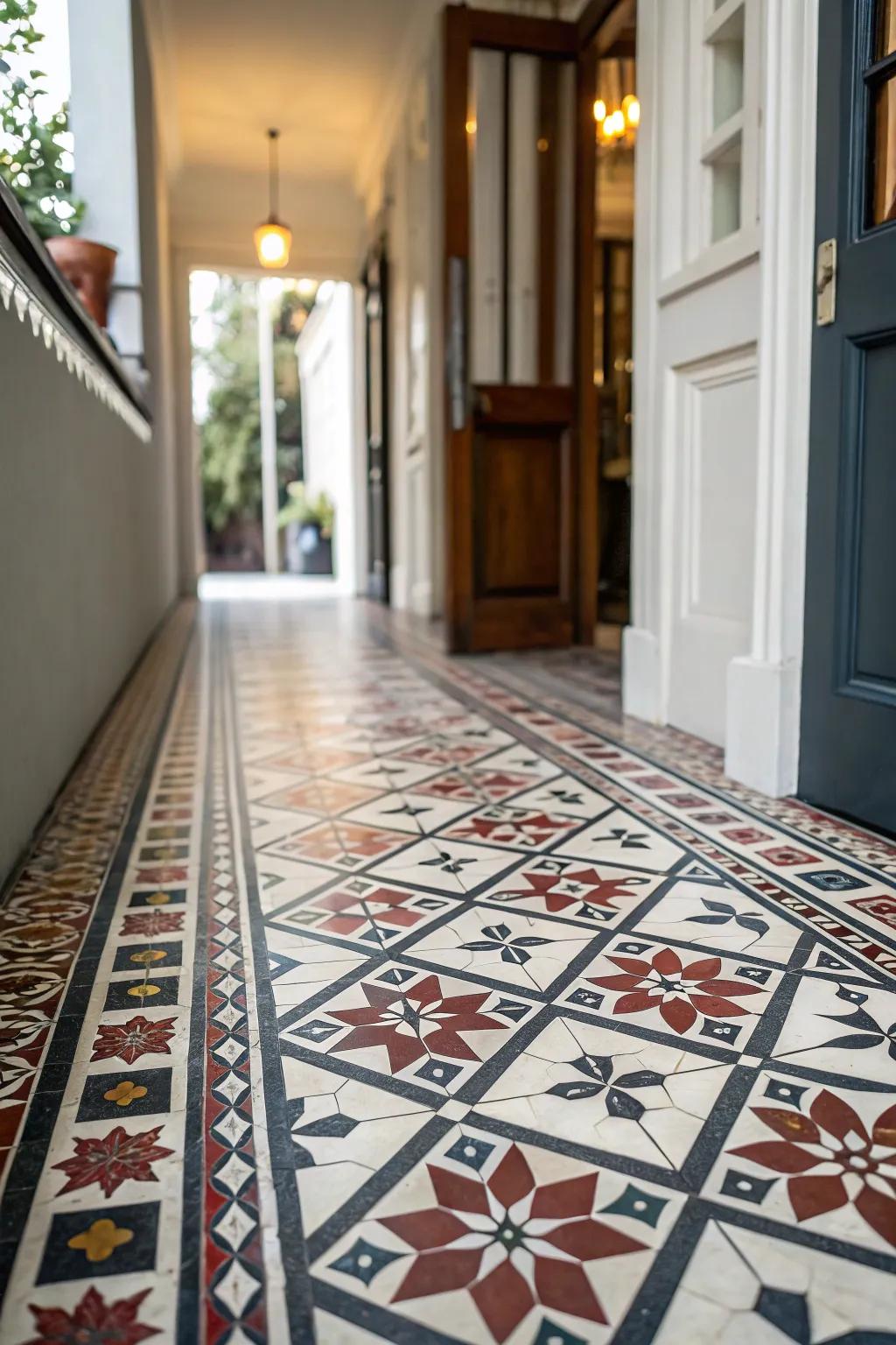Decorative floor tiles create a stunning entrance.