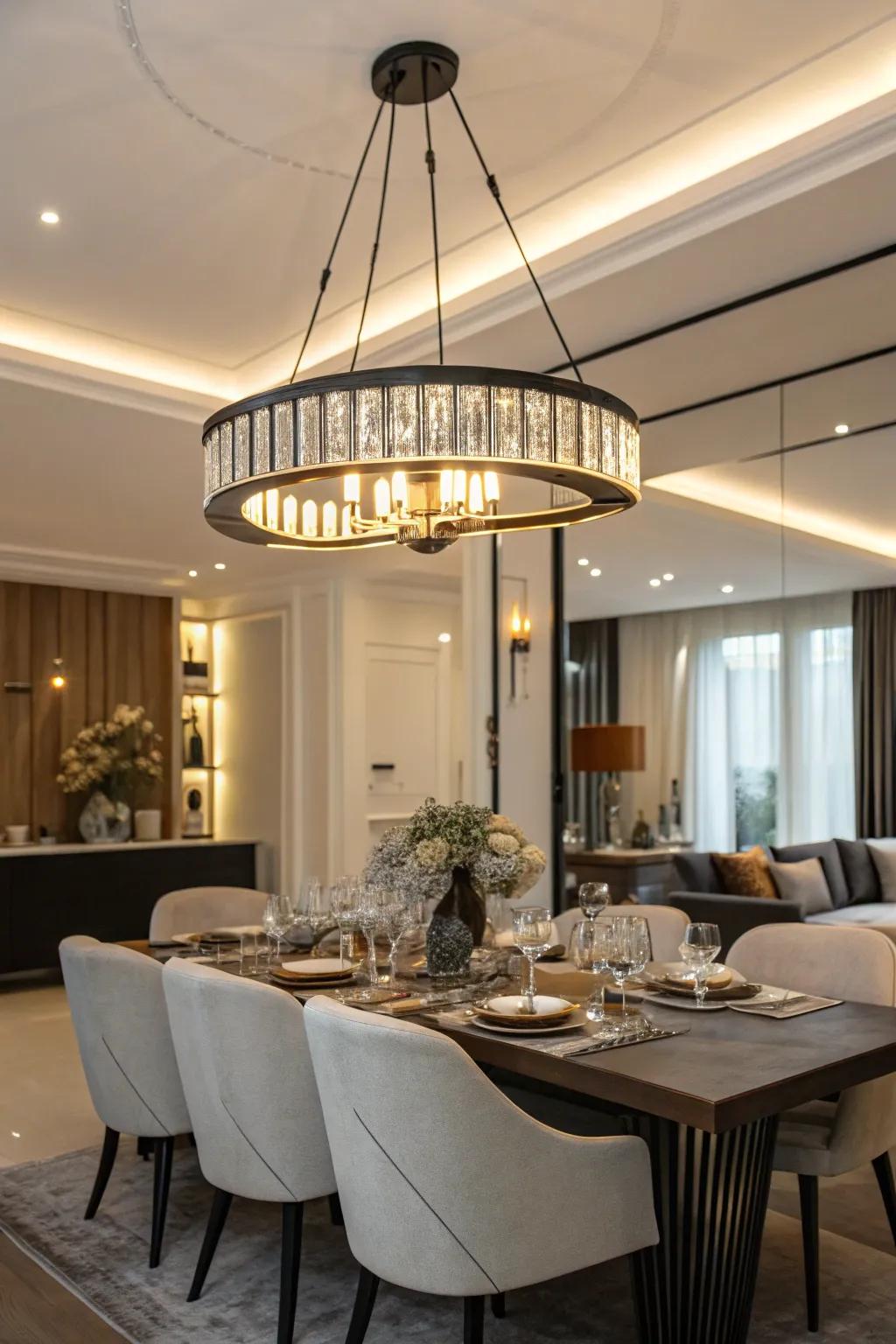 Modern chandeliers create a dramatic centerpiece.