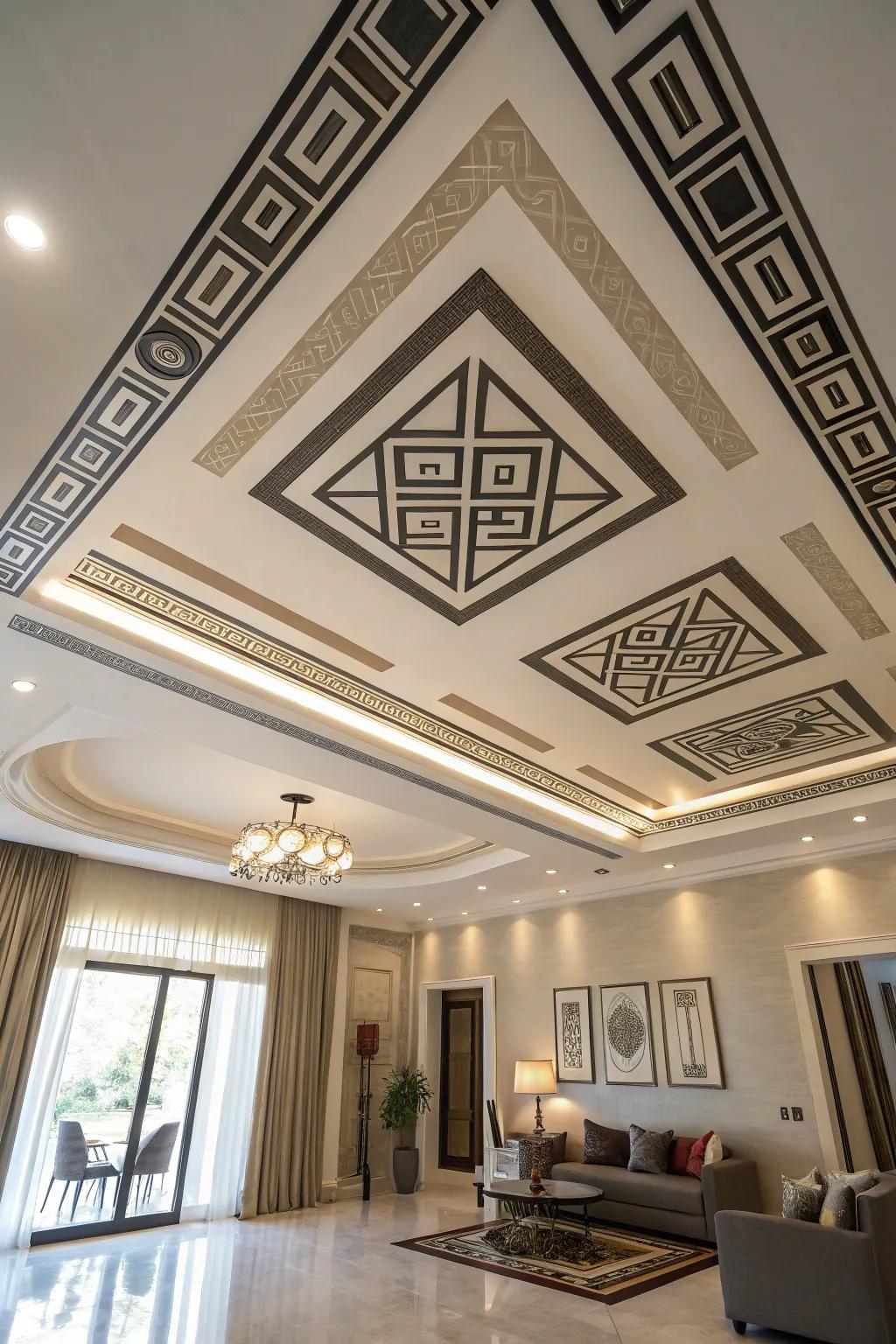 Geometric patterns turn ceilings into artful statements.
