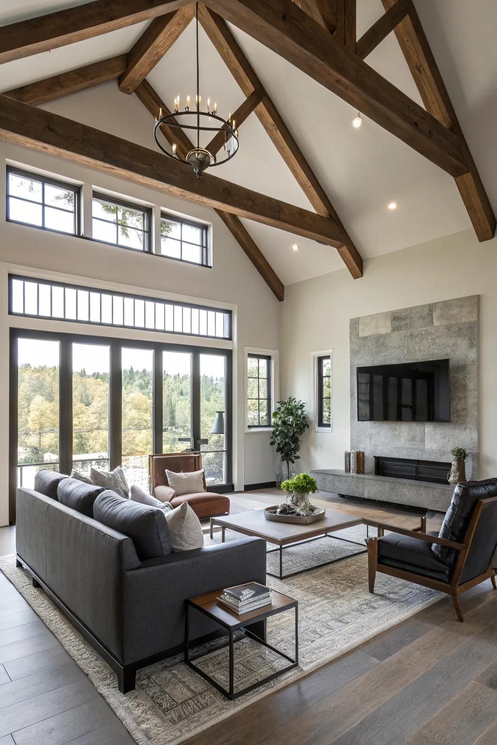 Exposed beams add rustic warmth to modern interiors.