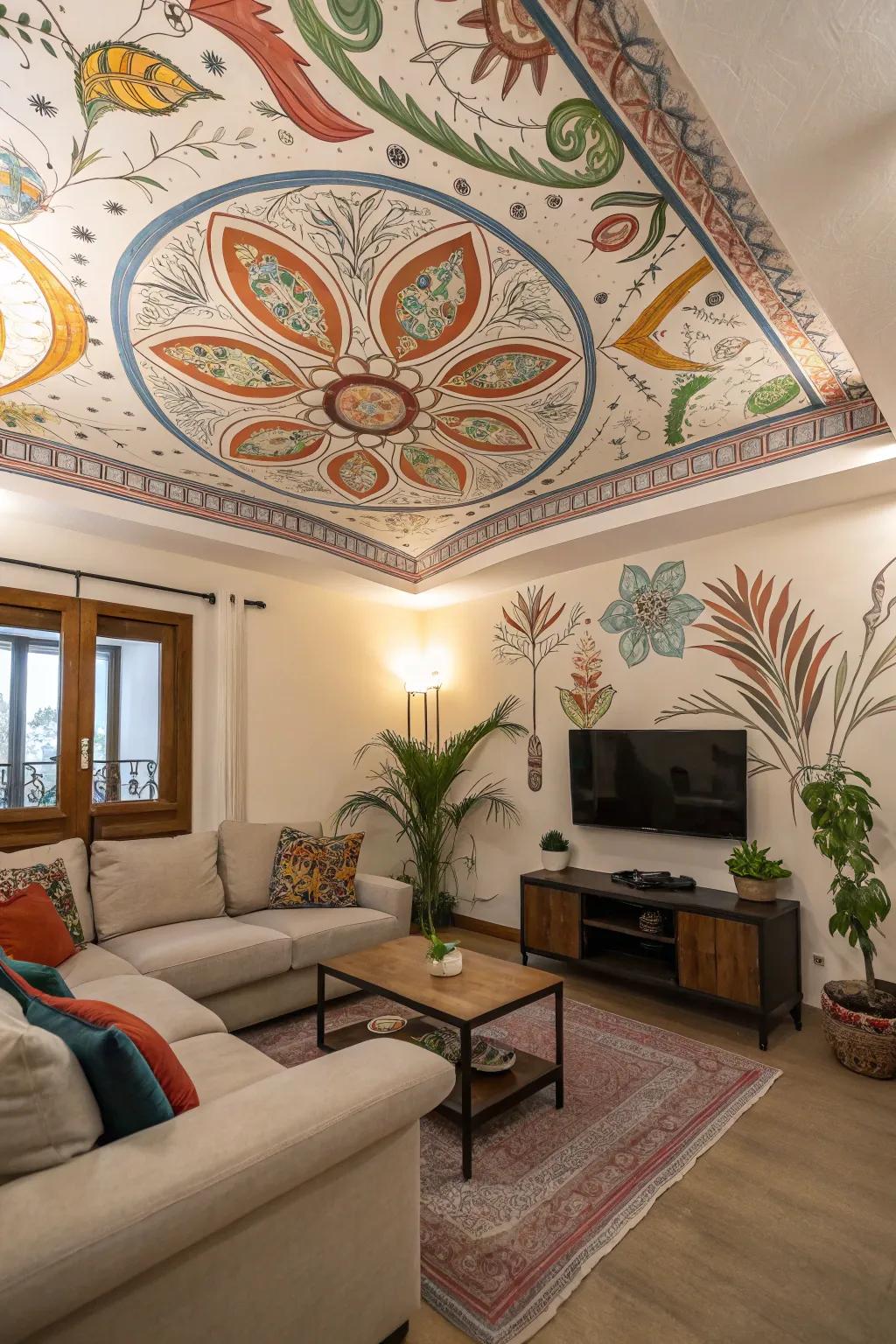 Ceiling murals turn overhead spaces into artistic canvases.