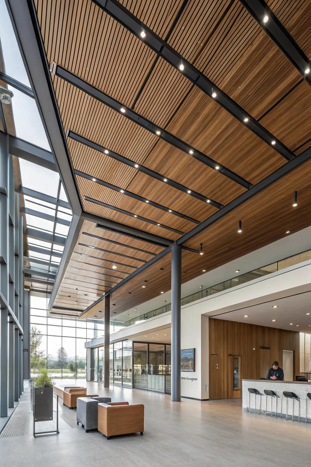 Combining wood, metal, and glass creates a sophisticated ceiling design.