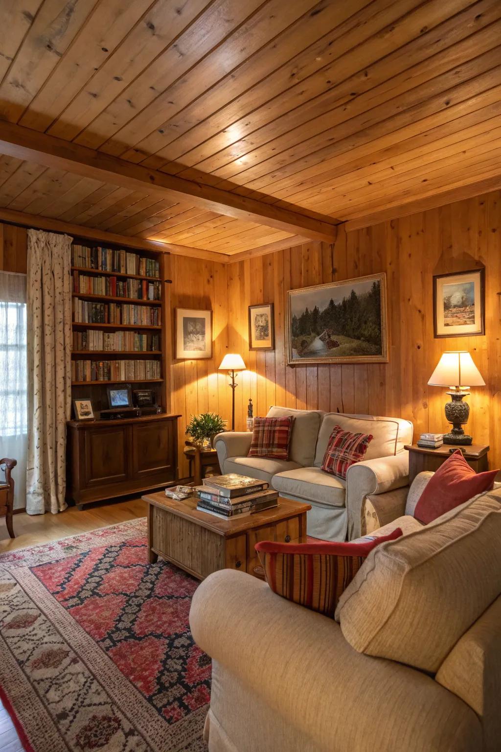 Wood paneling adds natural warmth and texture to ceilings.
