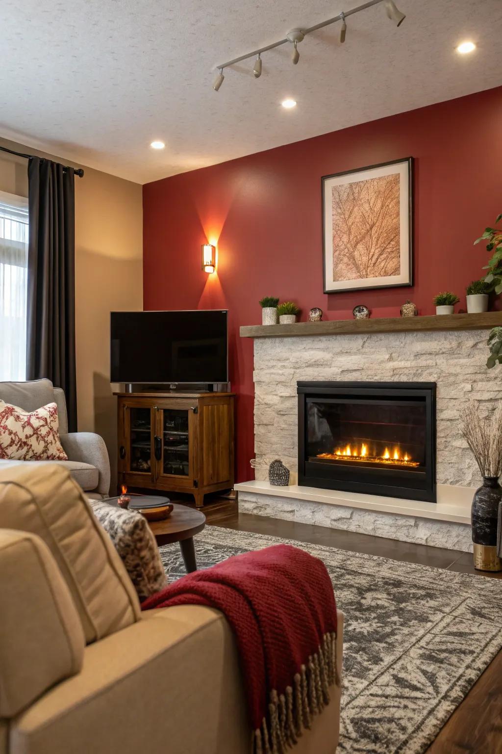 A vibrant accent wall highlighting an electric fireplace.