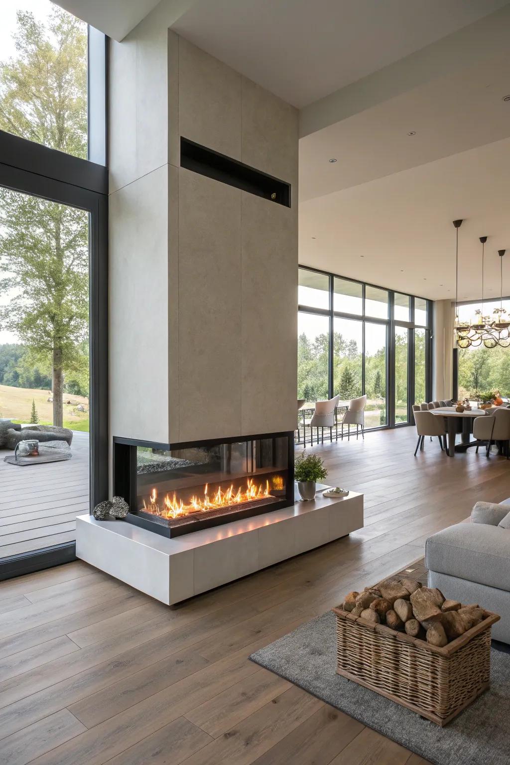Electric fireplace doubling as a room divider in an open-plan living area.