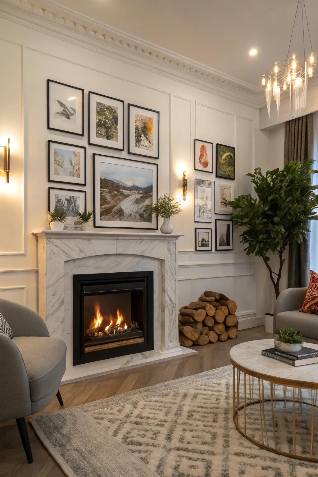 Electric fireplace surrounded by curated artwork in a chic living room.