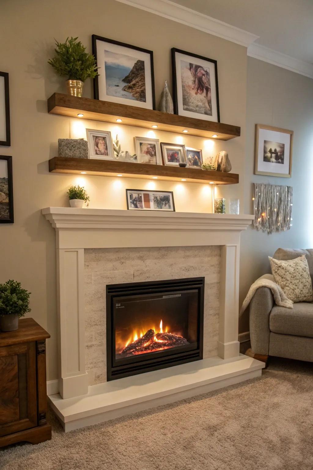 Electric fireplace with floating shelves showcasing art and photos.