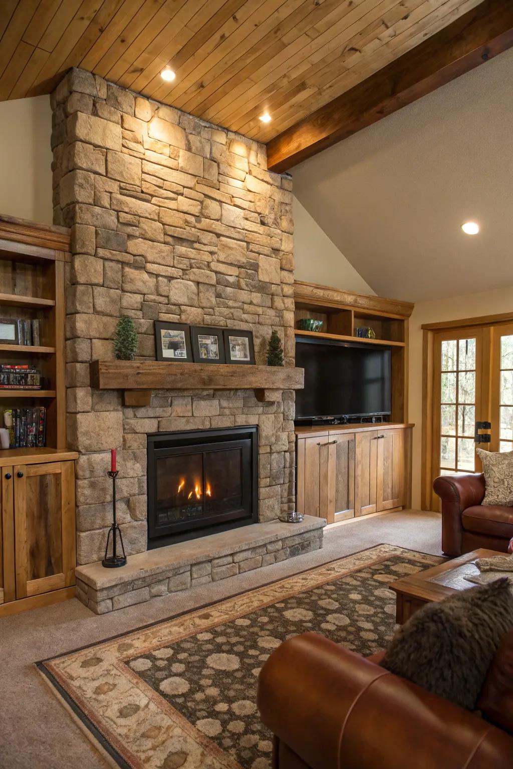 Rustic living room with stone accents and wooden details around an electric fireplace.