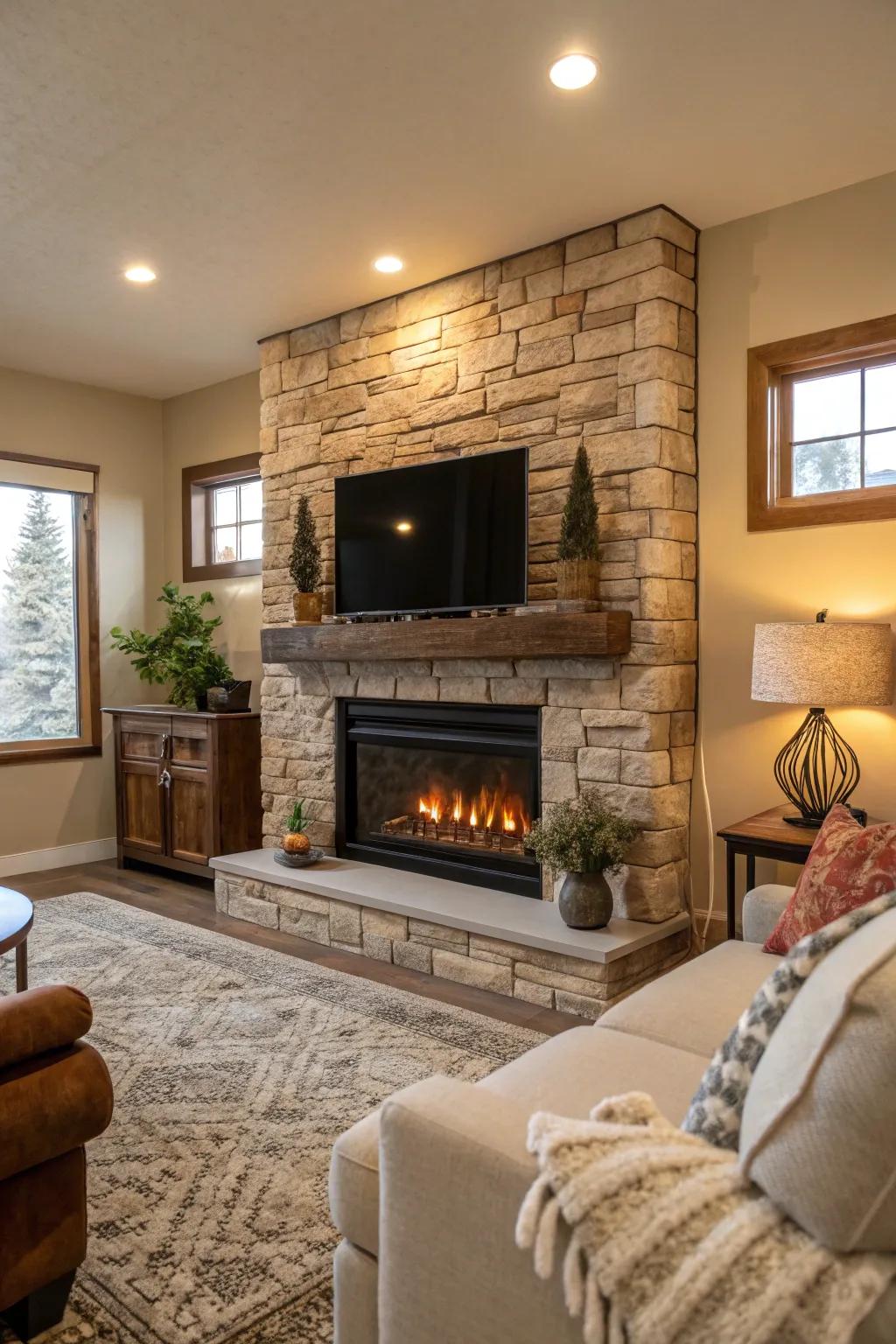 Electric fireplace adorned with natural stone cladding in a cozy room.
