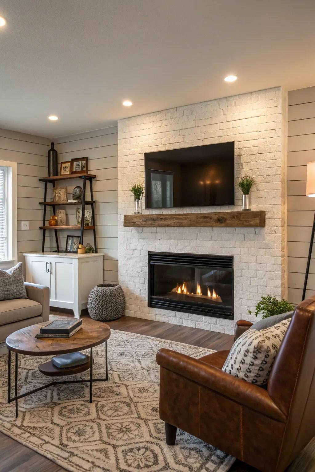 Living room with a shiplap textured fireplace wall and modern decor.