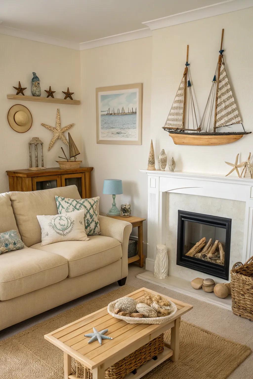 Coastal-themed living room with light fireplace and nautical decor.
