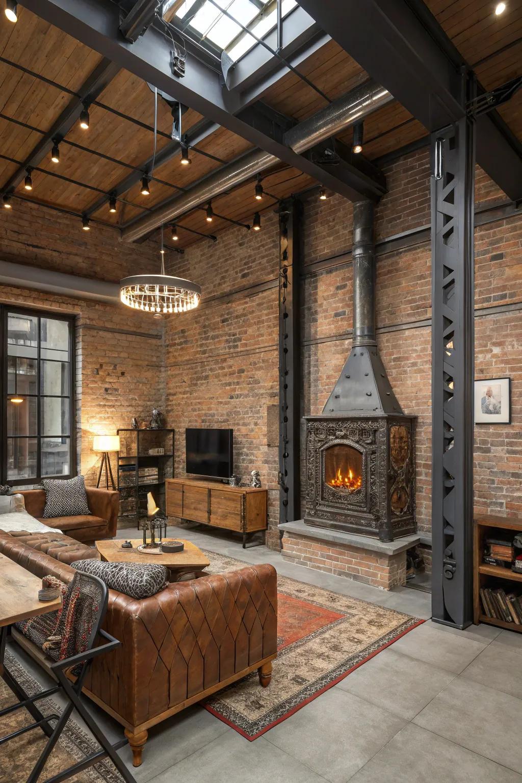 Industrial style living room with exposed brick and metal-accented fireplace.