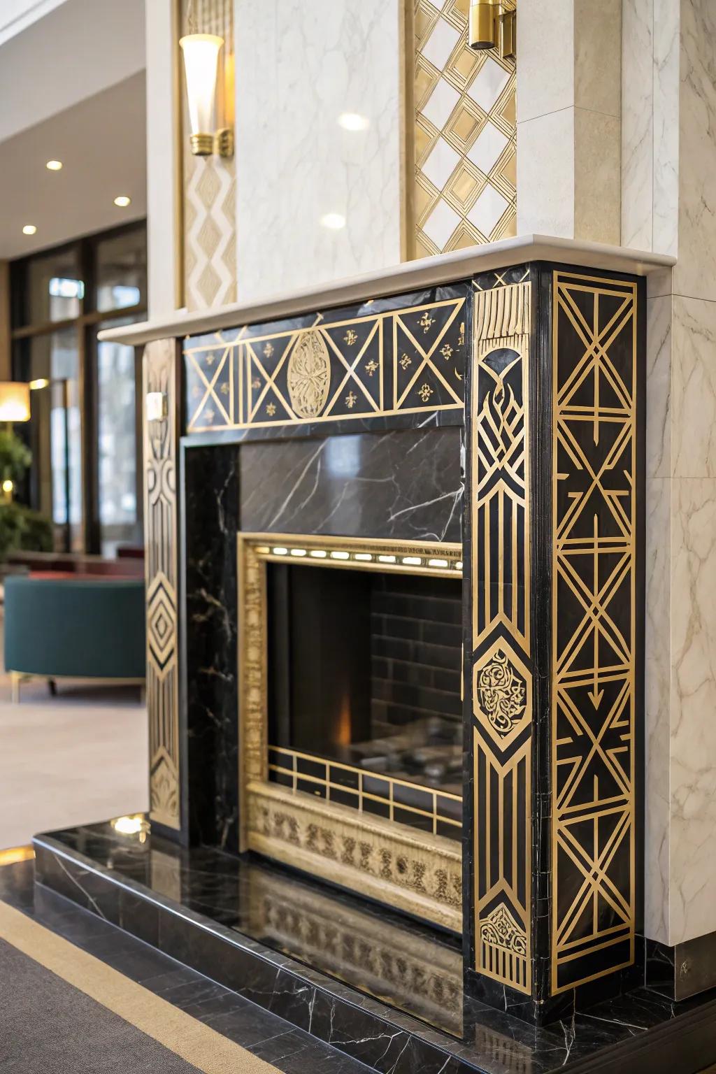 Art Deco fireplace with geometric patterns and luxurious finishes.