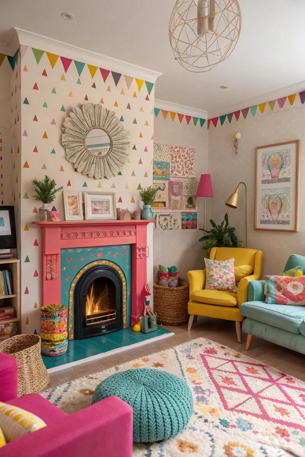 Playful living room with a colorful fireplace and quirky decor.