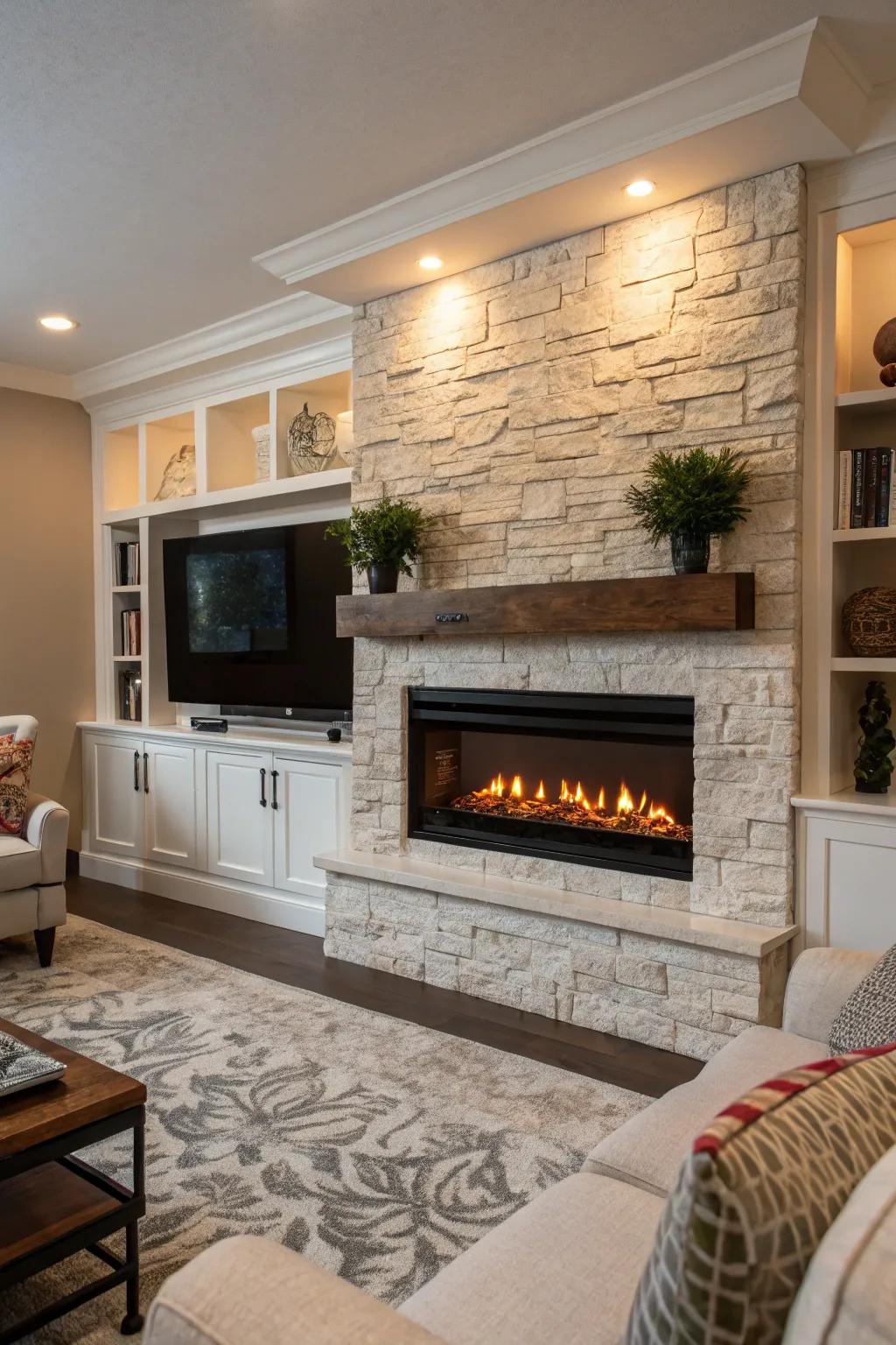 Built-in electric fireplace integrated smoothly into the wall.