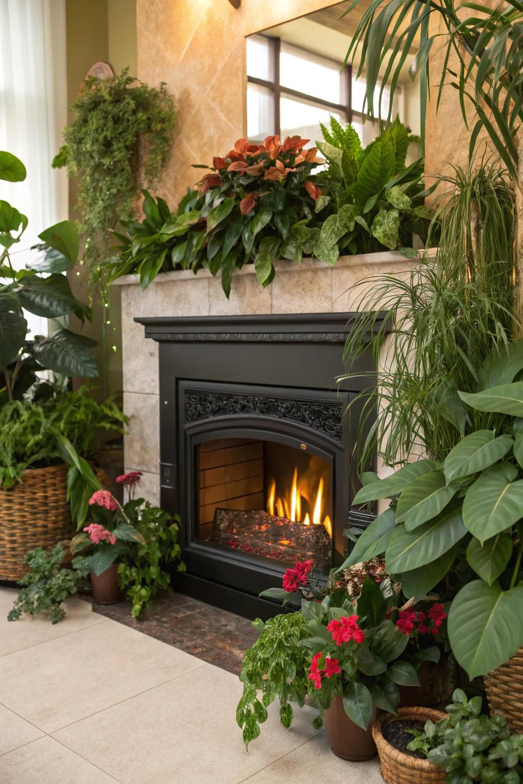 Electric fireplace surrounded by abundant indoor plants and greenery.