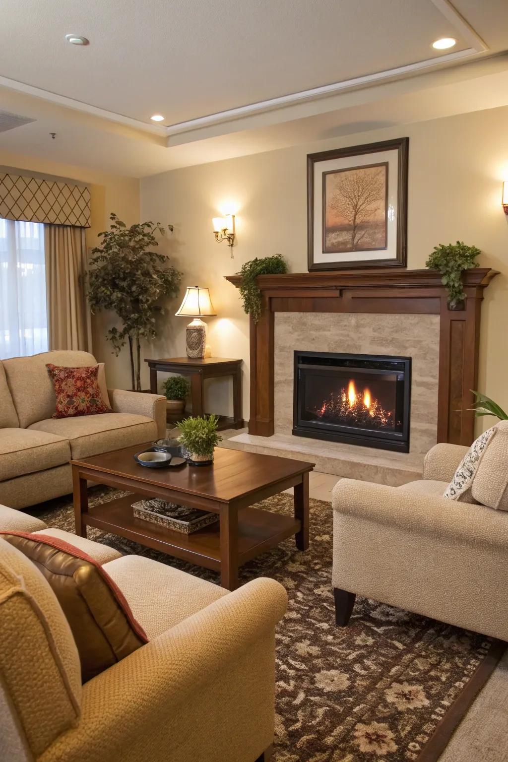 Living room with an electric fireplace and harmoniously arranged furnishings.
